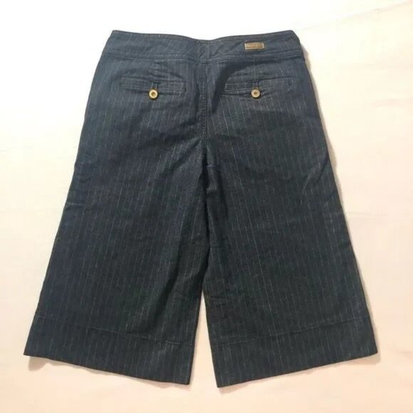 DKNY JEANS BLACK W/GOLD PINSTRIPE STRETCH DENIM WIDE LEG CAPRI JEANS 7-EUC - Picture 3 of 3